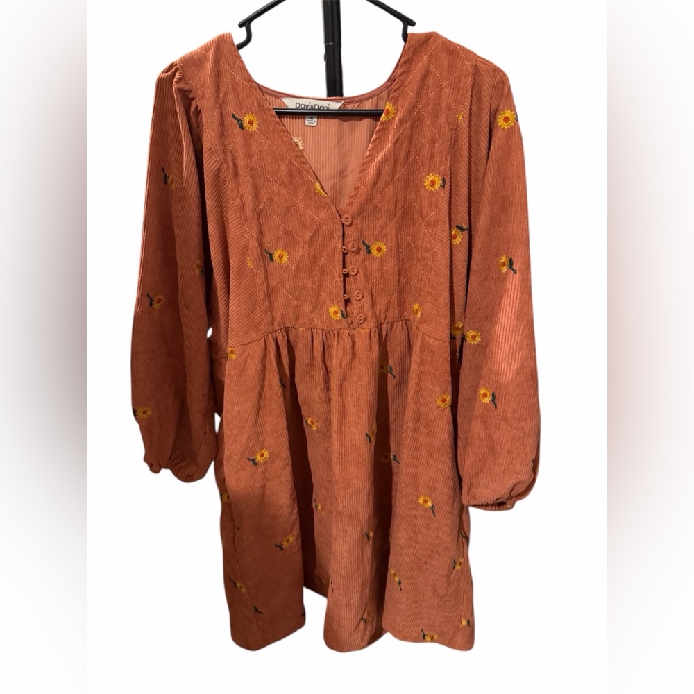 Davi and Dani Corduroy Dress with Sunflower Embroidery